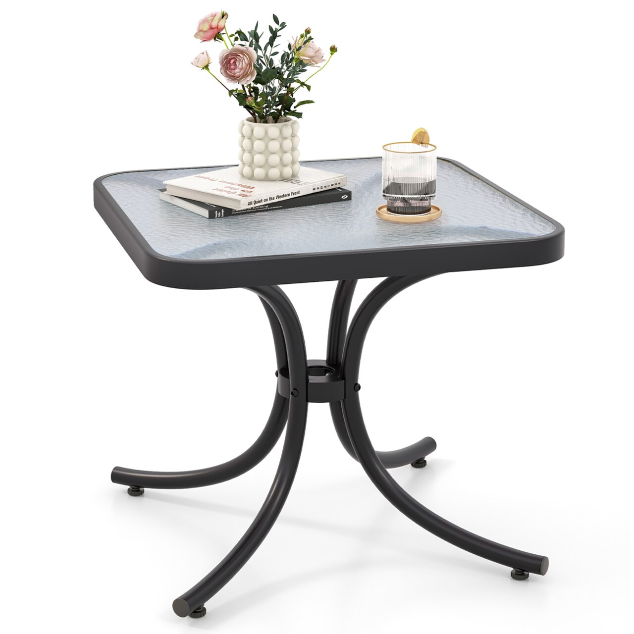 Outdoor Side Table Square Patio Table W/ Tempered Glass Top Small Coffee Table